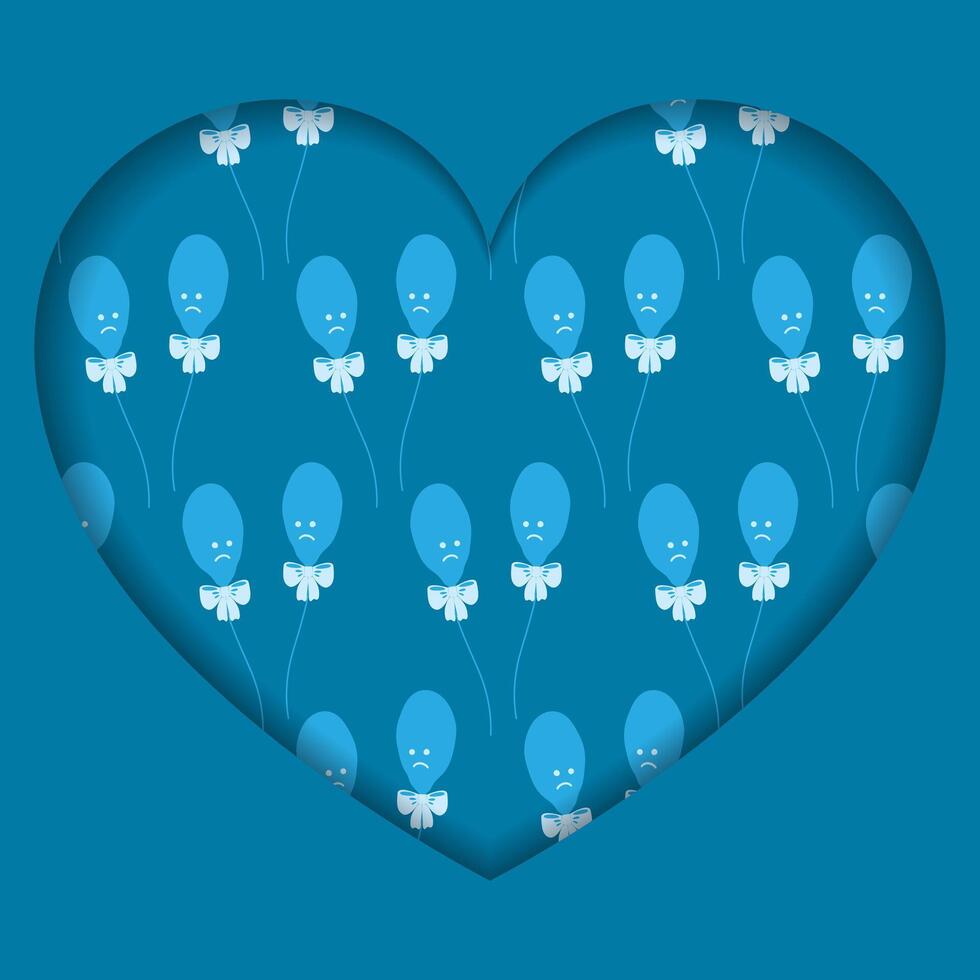 Sadness Deflated balloons with tied ribbon bow Heart shape Paper Cut Blue Monday Festive Design idea. Isolates Illustration Themes Cards Invite, poster or web promo banner, leaflets, label, tag vector