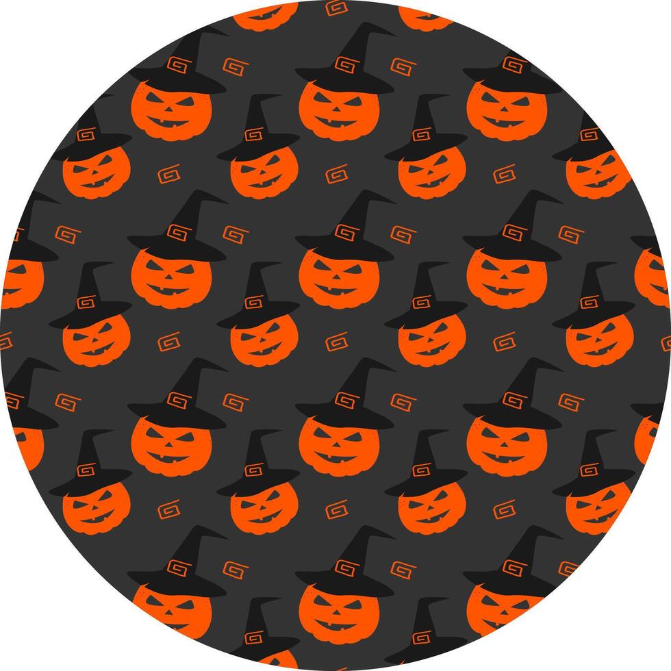 Freehand Halloween Pumpkin in witch hat and decorative elements Seamless Pattern in Circle Backdrop. Isolated Illustration Halloween Festive Greeting Cards, stories, posts Backdrop Poster, tag vector