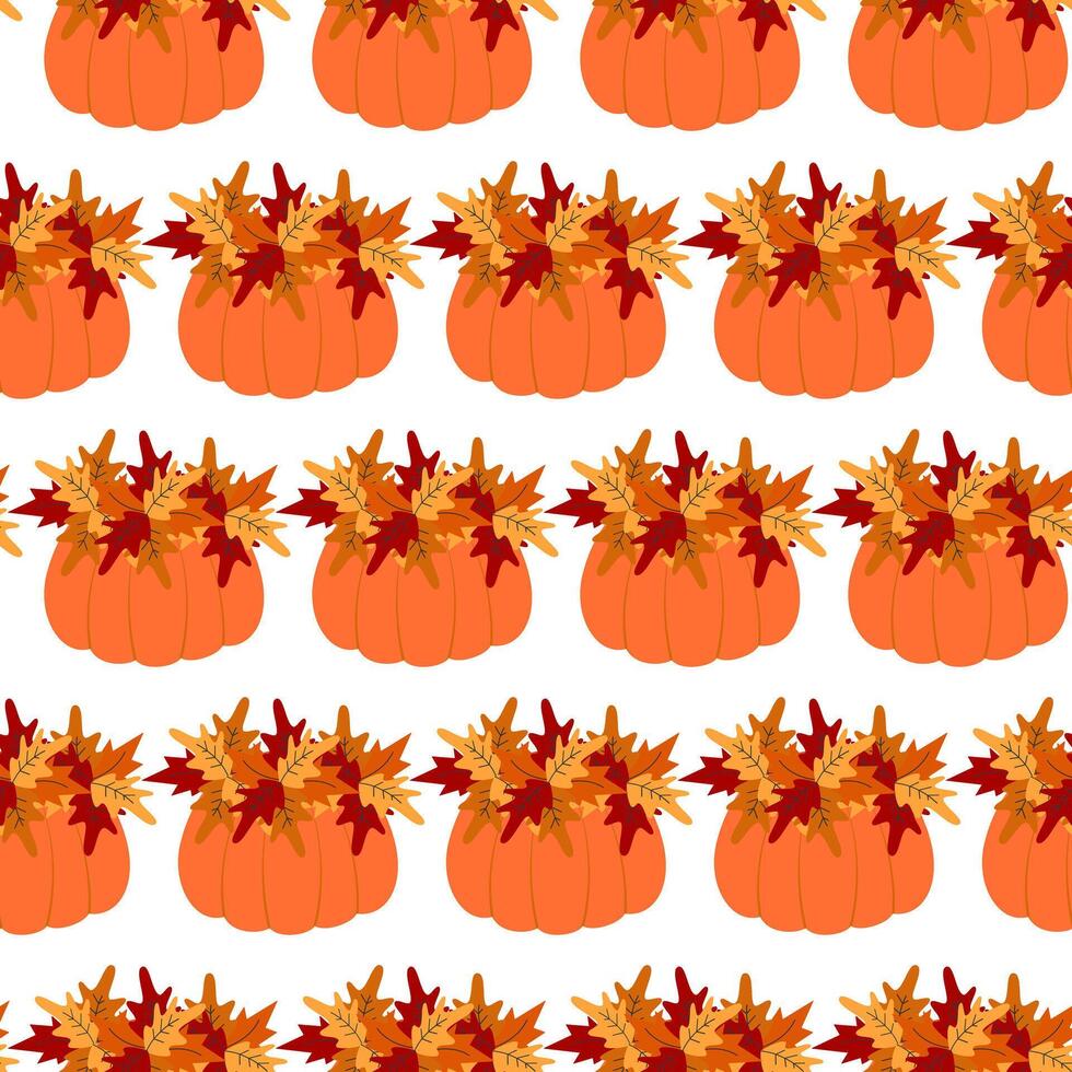 Freehand Pumpkin and Autumn leaves composition Minimalist Seamless Pattern Autumn Holidays Backdrop. Isolated Illustration Autumnal Festive Themed Cards, posters, banner, leaflet, label, price vector