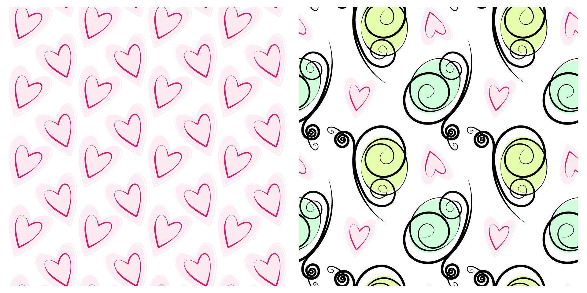 Stylized Hand Drawn Hearts and Butterflies Seamless Patterns Spring or Summer Various Festive fond. Isolated illustration Valentines Day Greeting love thematic Card or promo labels backdrop Set vector