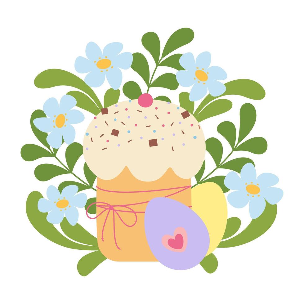 Isolated illustration featuring a festive Easter dessert with flowers. Ideal for greeting cards, banners, and labels. vector
