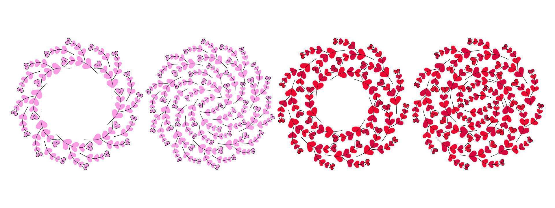 Hand drawn heart shape twigs Valentines Day Circle Frame Border and Backdrop Copy space Template Set. Isolated illustration Greeting Themes Cards, posters, leaflets, label or web promo banner vector