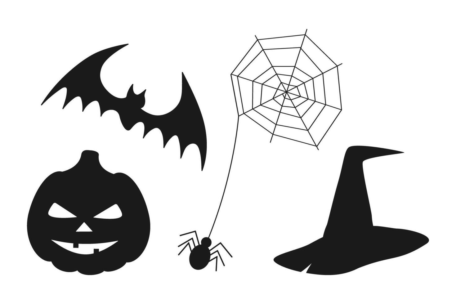 Silhouette Halloween Pumpkin Bat Cobweb with Spider and Witch Hat Hand Drawn Halloween elements Set. Isolated illustration Themes Cards, invites or promo banner, leaflets, label, price, poster vector