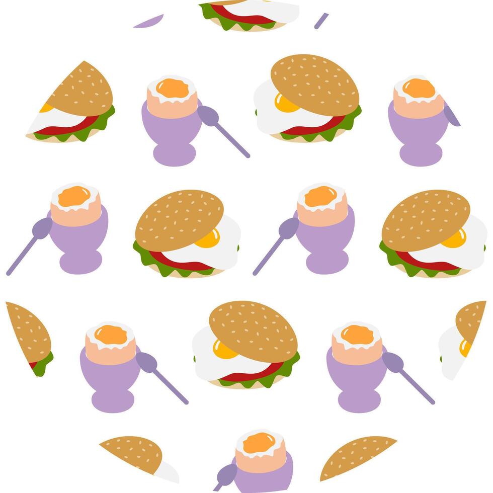 Hand drawn Soft egg in Egg bawl and Sandwich with Fried Egg Seamless Pattern on circle Background. Isolated Illustration Thematic Menu Cards Healthy Food promo banner, leaflet, price tag, label vector