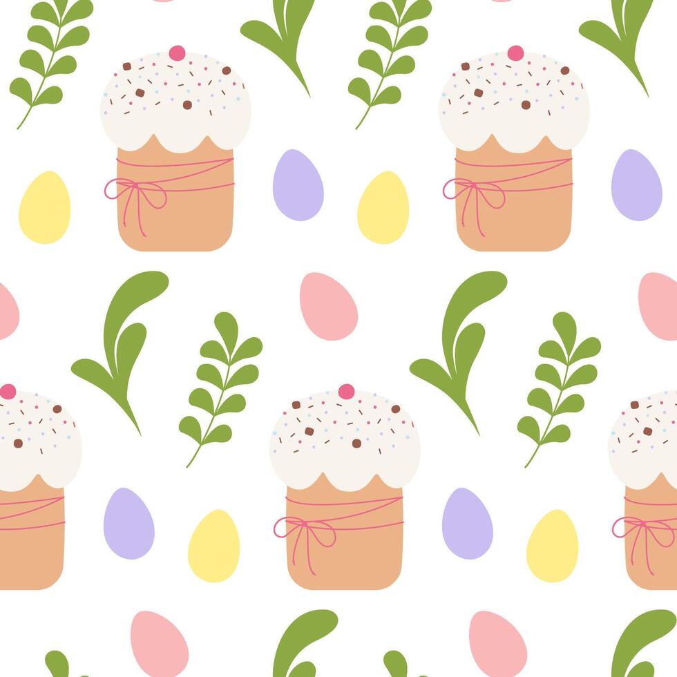 Painted Easter Eggs Sprinkled Easter Cake and green twigs Seamless Pattern Easter Celebrations fond. Isolated Illustration Greeting Thematic Cards Background Festive Wrapping or wallpaper idea vector