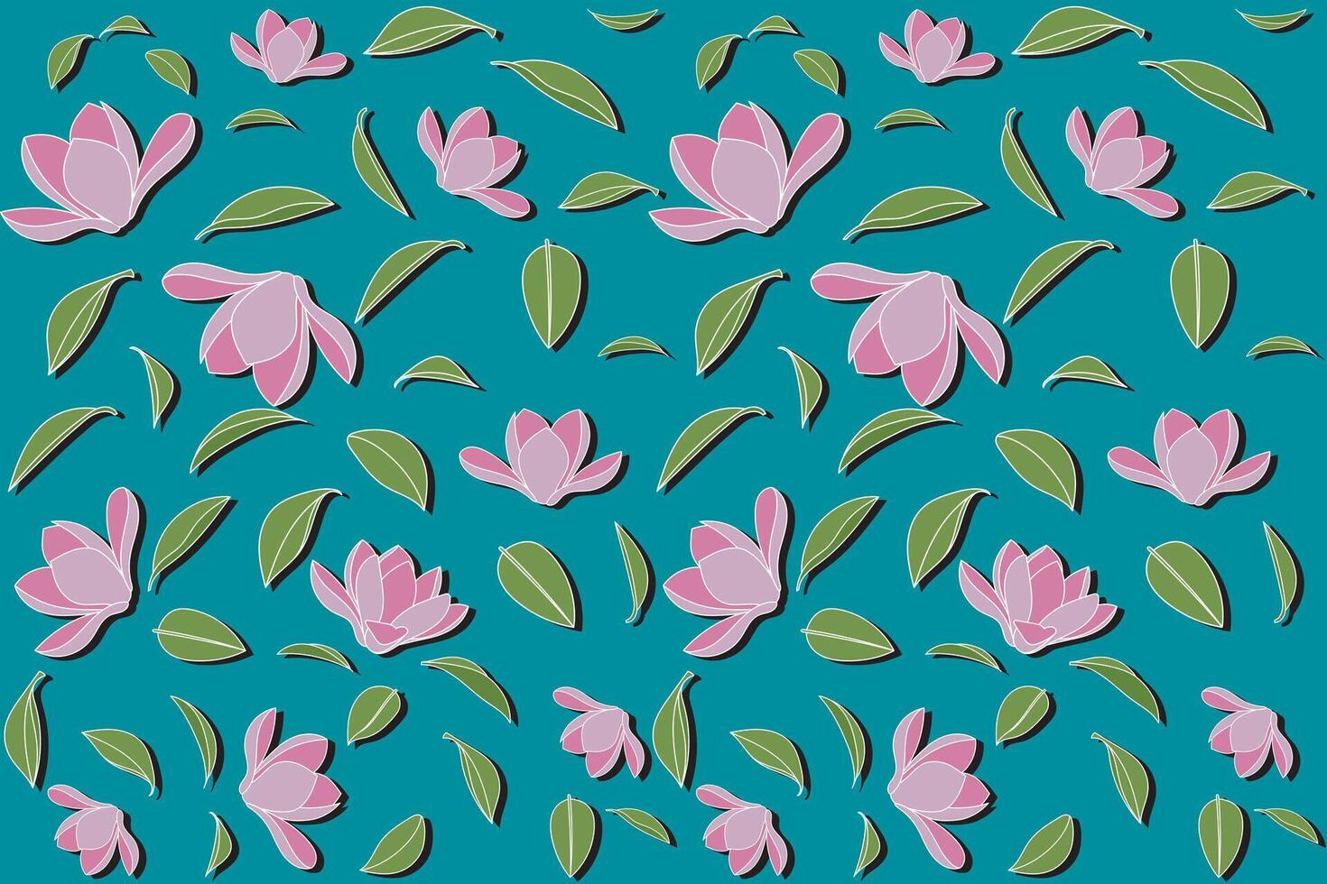 Illustration of magnolia flower with leaf with shadow on blue green background. vector