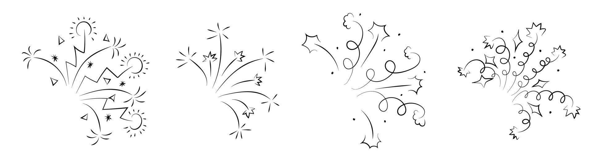 Firework confetti party line icon. Firecracker explosion to celebrate New Year with carnival boom spark light. Festive birthday graphic with simple sparkle decoration design. Doodle stroke for burst. vector