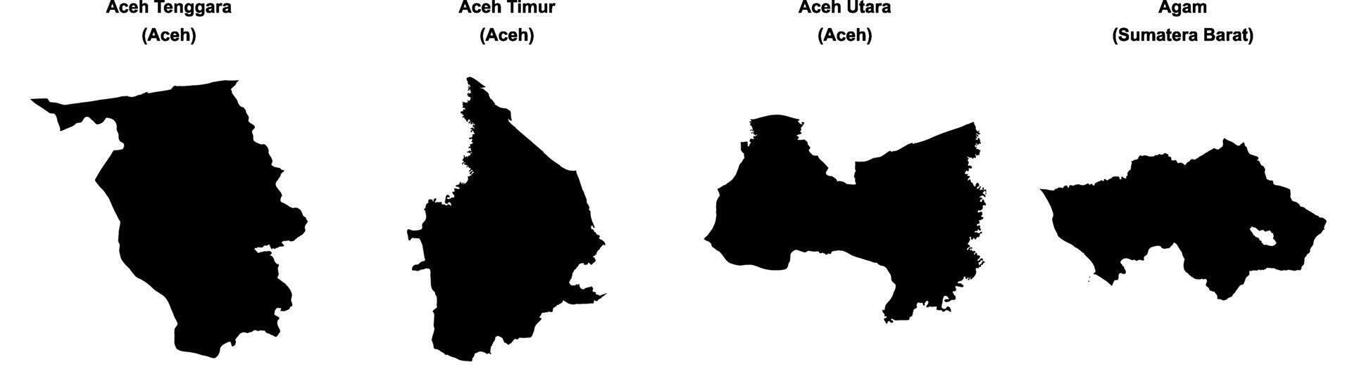 Aceh Tenggara, Aceh Timur, Aceh Utara, Agam outline maps vector