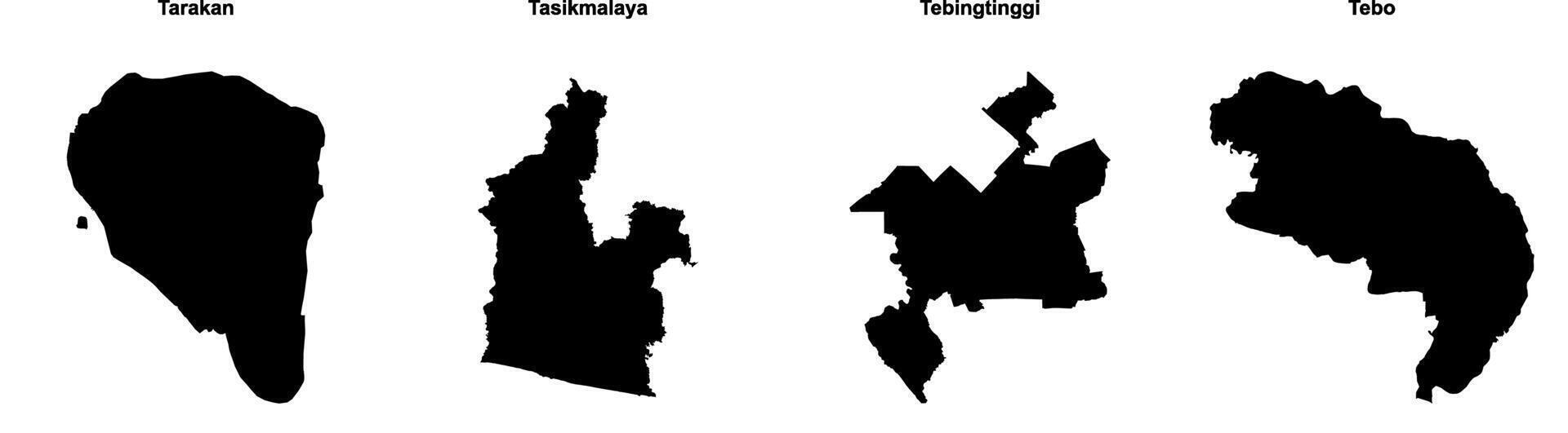 Tarakan, Tasikmalaya, Tebingtinggi, Tebo outline maps vector