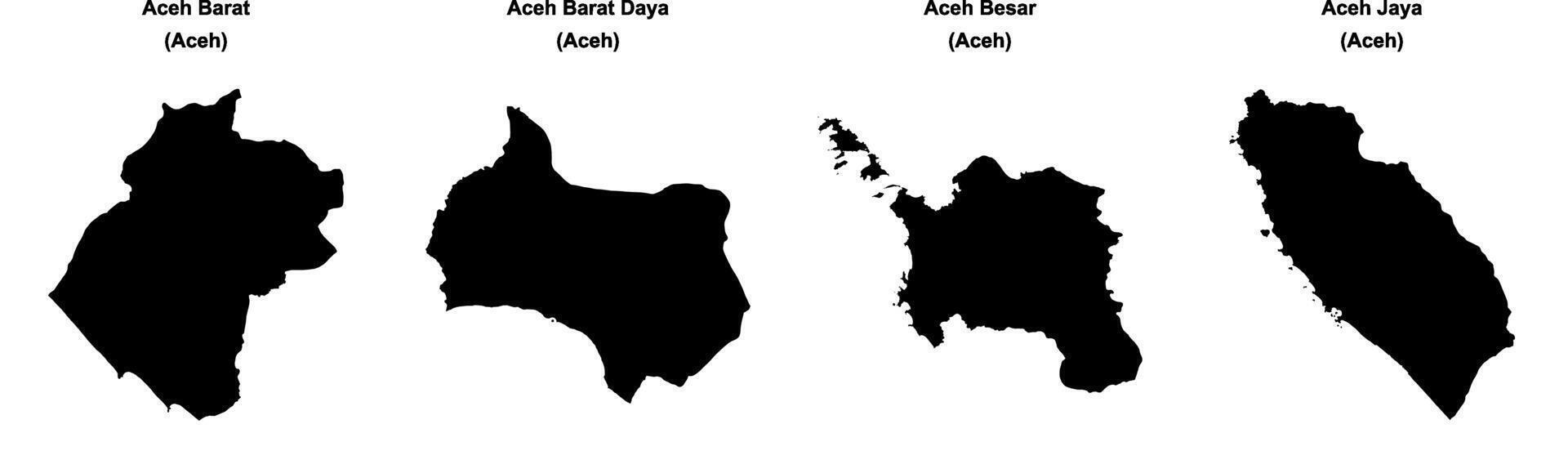 Aceh Barat, Aceh Barat Daya, Aceh Besar, Aceh Jaya outline maps vector