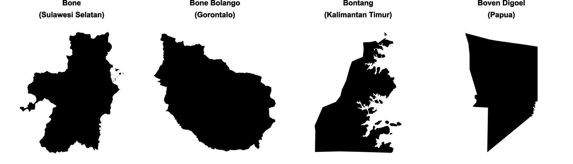Bone, Bone Bolango, Bontang, Boven Digoel outline maps vector
