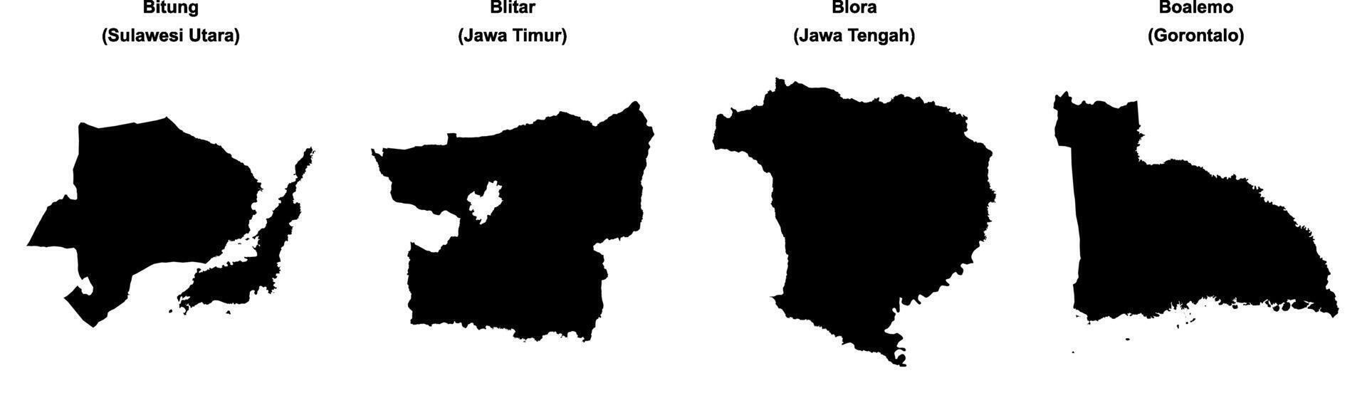 Bitung, Blitar, Blora, Boalemo outline maps vector