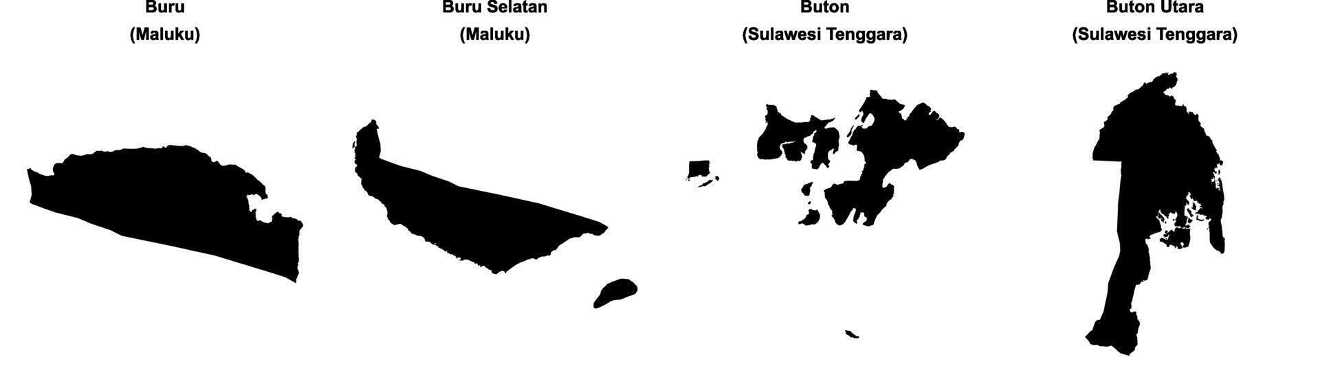 Buru, Buru Selatan, Buton, Buton Utara outline maps vector