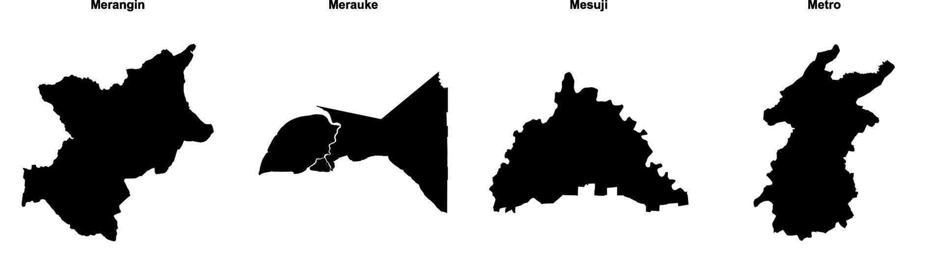 Merangin, Merauke, Mesuji, Metro outline maps vector