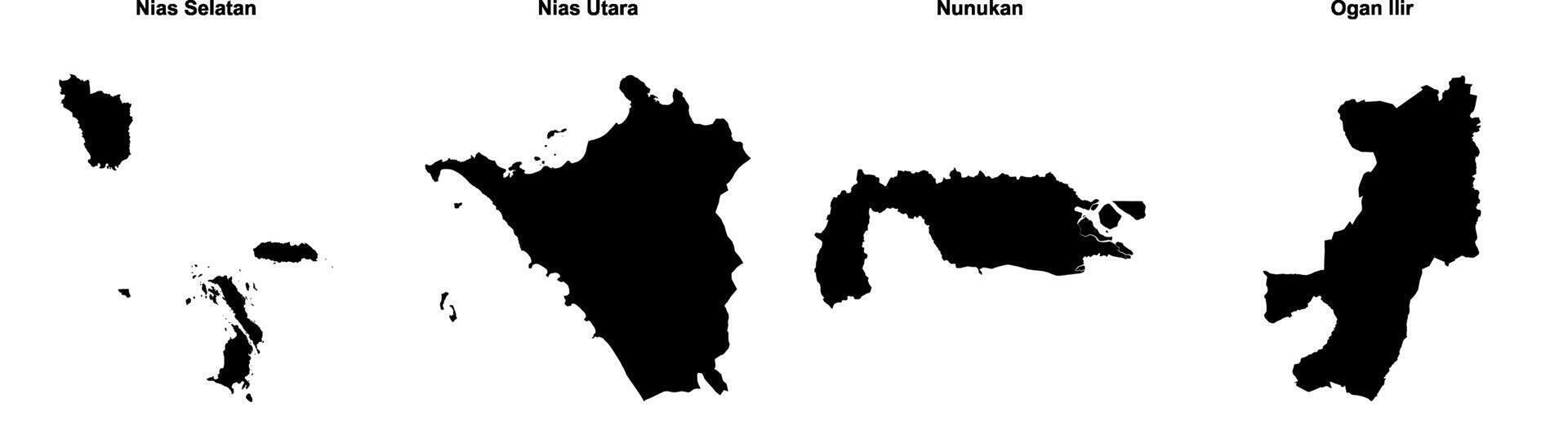 Nias Selatan, Nias Utara, Nunukan, Ogan Ilir outline maps vector