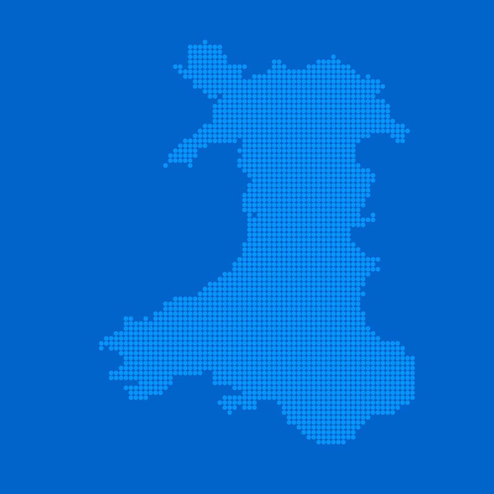 Blue halftone dot outline map background of Wales vector
