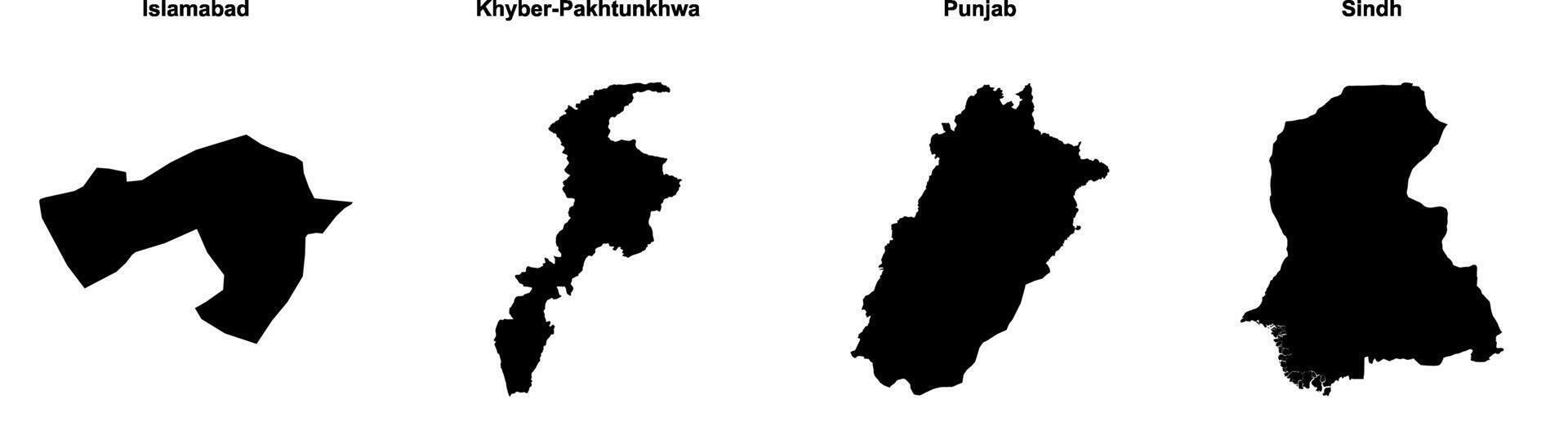 Islamabad, Khyber Pakhtunkhwa, Punjab, Sindh outline maps vector