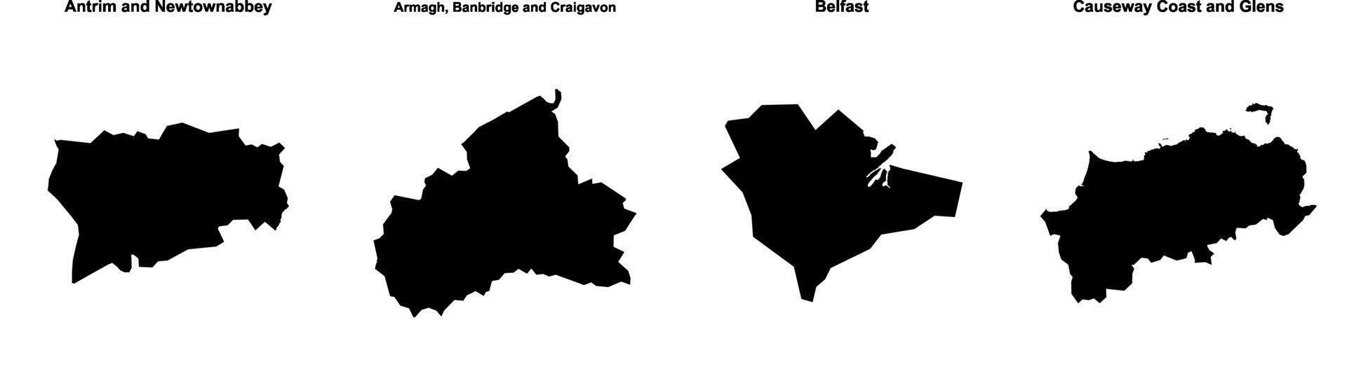 Antrim and Newtownabbey, Armagh, Banbridge and Craigavon, Belfast, Causeway Coast and Glens outline maps vector