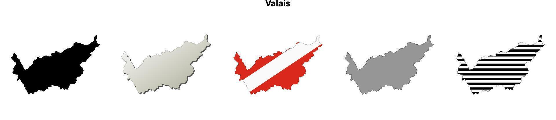 Valais canton blank outline map set vector
