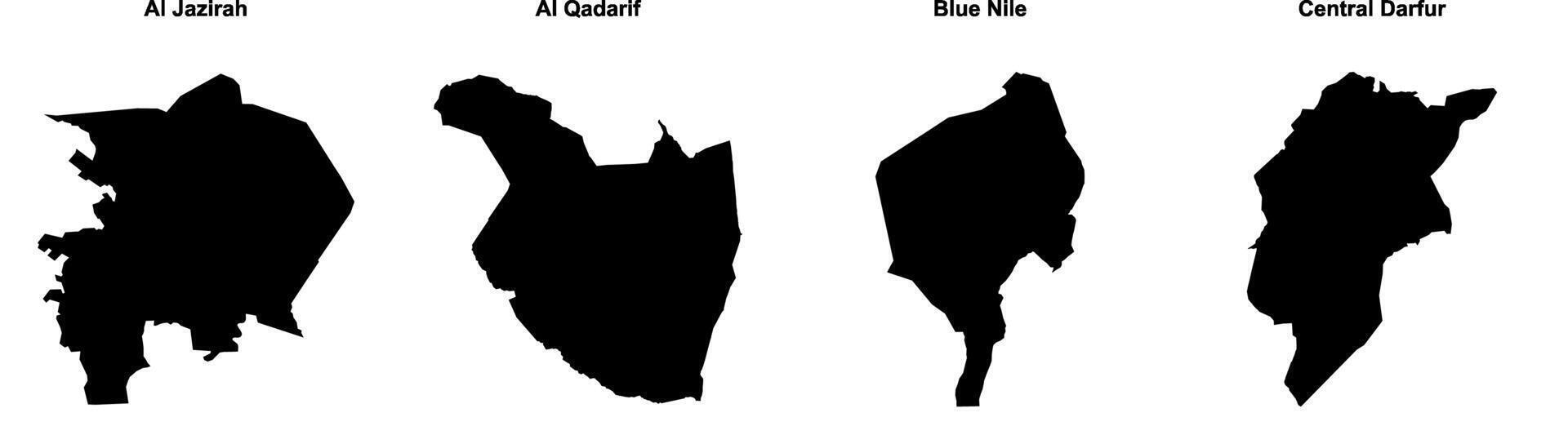Al Jazirah, Al Qadarif, Blue Nile, Central Darfur outline maps vector