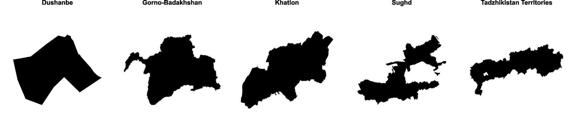Dushanbe, Gorno Badakhshan, Khatlon, Sughd, Tadzhikistan Territories outline maps vector