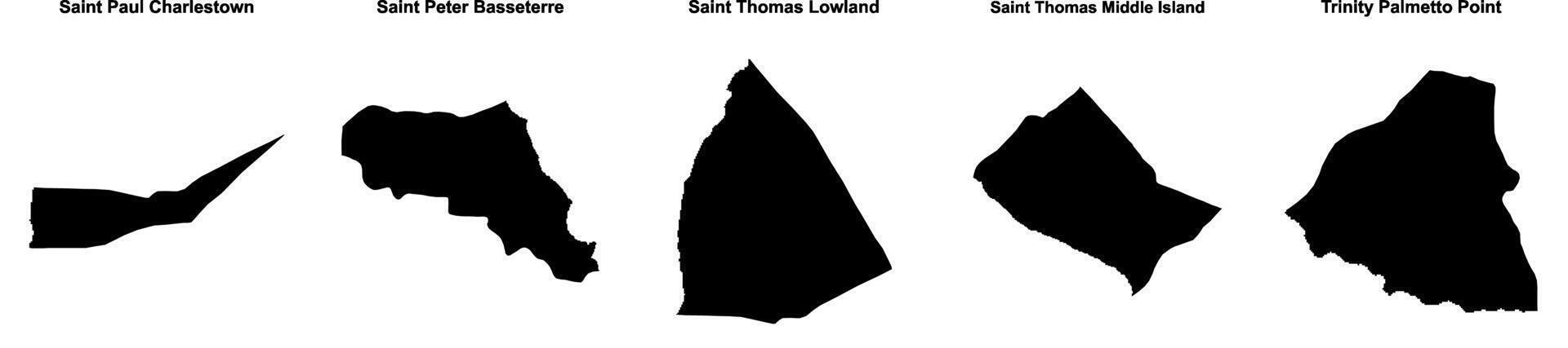 Saint Paul Charlestown, Saint Peter Basseterre, Saint Thomas Lowland, Saint Thomas Middle Island, Trinity Palmetto Point outline maps vector