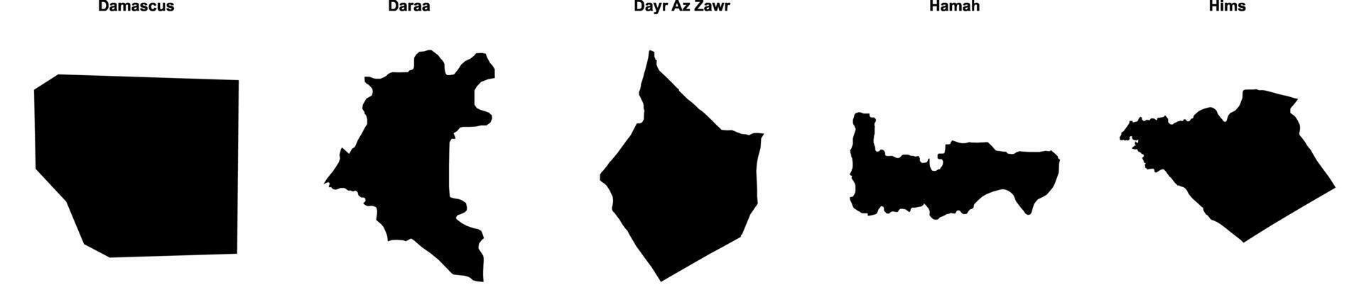 Damascus, Daraa, Dayr Az Zawr, Hamah, Hims outline maps vector