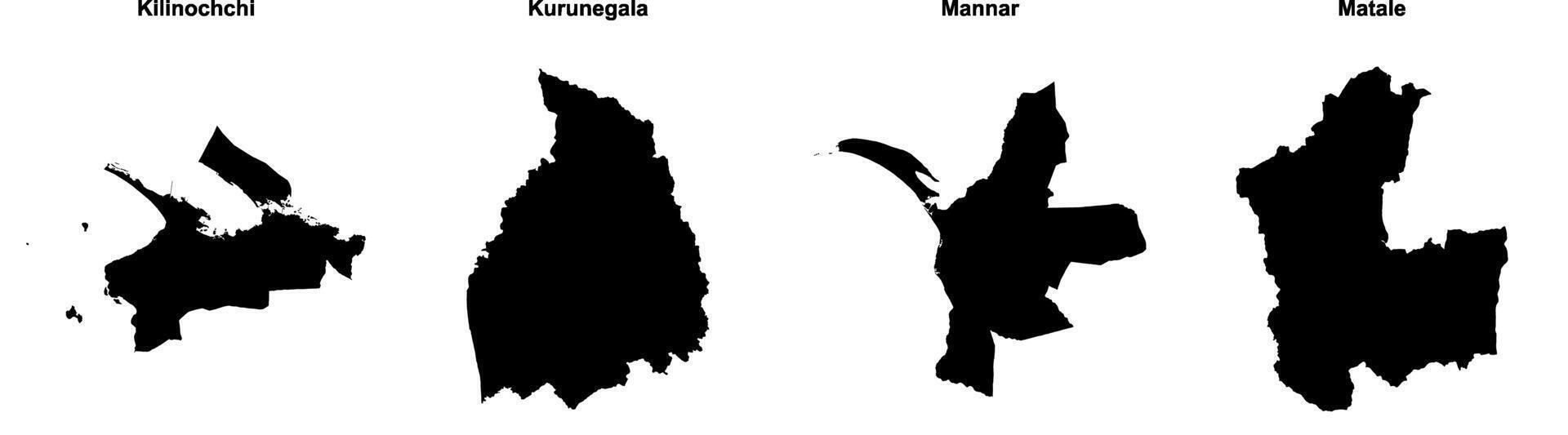 Kilinochchi, Kurunegala, Mannar, Matale outline maps vector