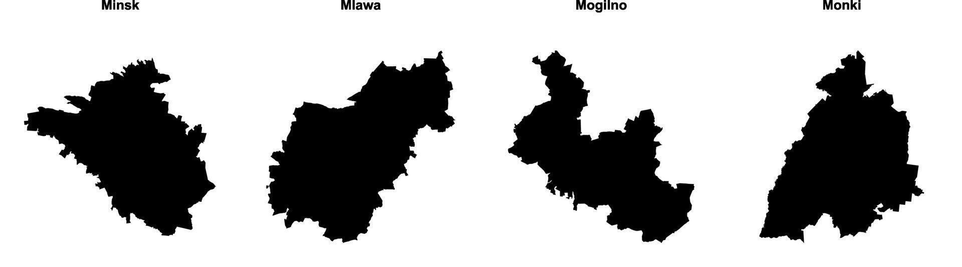 Minsk, Mlawa, Mogilno, Monki outline maps vector