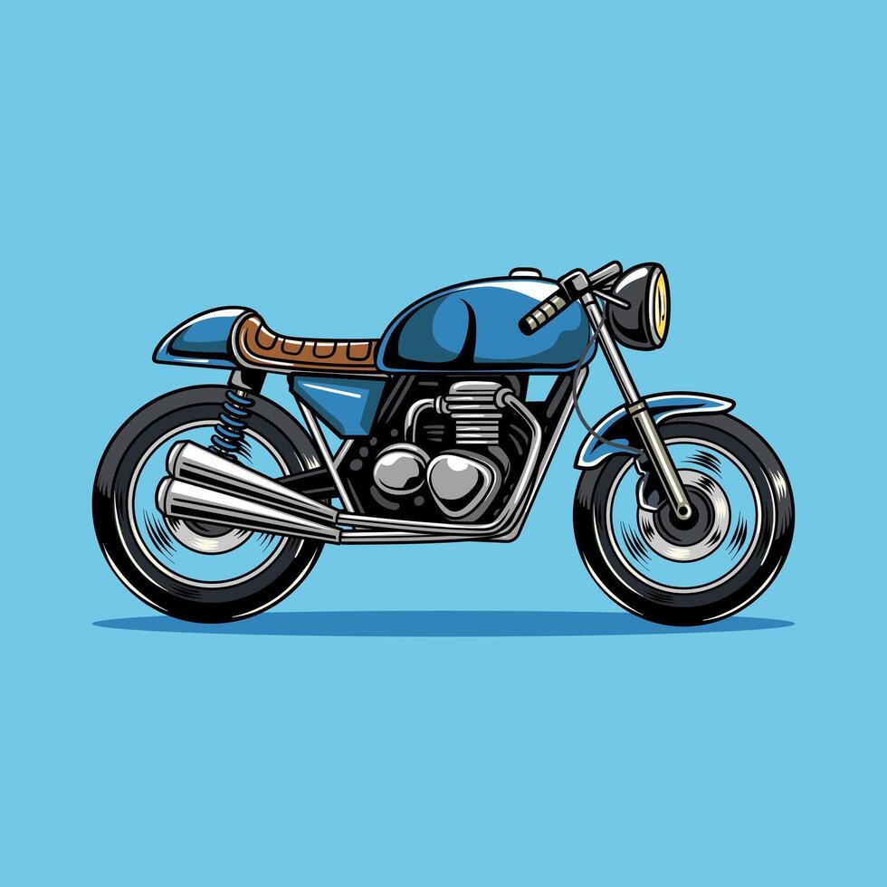 A blue retro cafe racer motorcycle with from side view, isolated cartoon illustration on a blue background vector