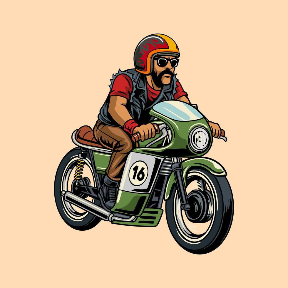 A Bearded Man wearing open face crash helmet and sunglasses riding a green retro cafe racer motorcycle, isolated cartoon illustration on a light background vector