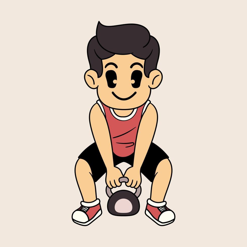A funny boy athlete lifting a kettlebell for fitness and muscle building in a retro cartoon character mascot illustration vector