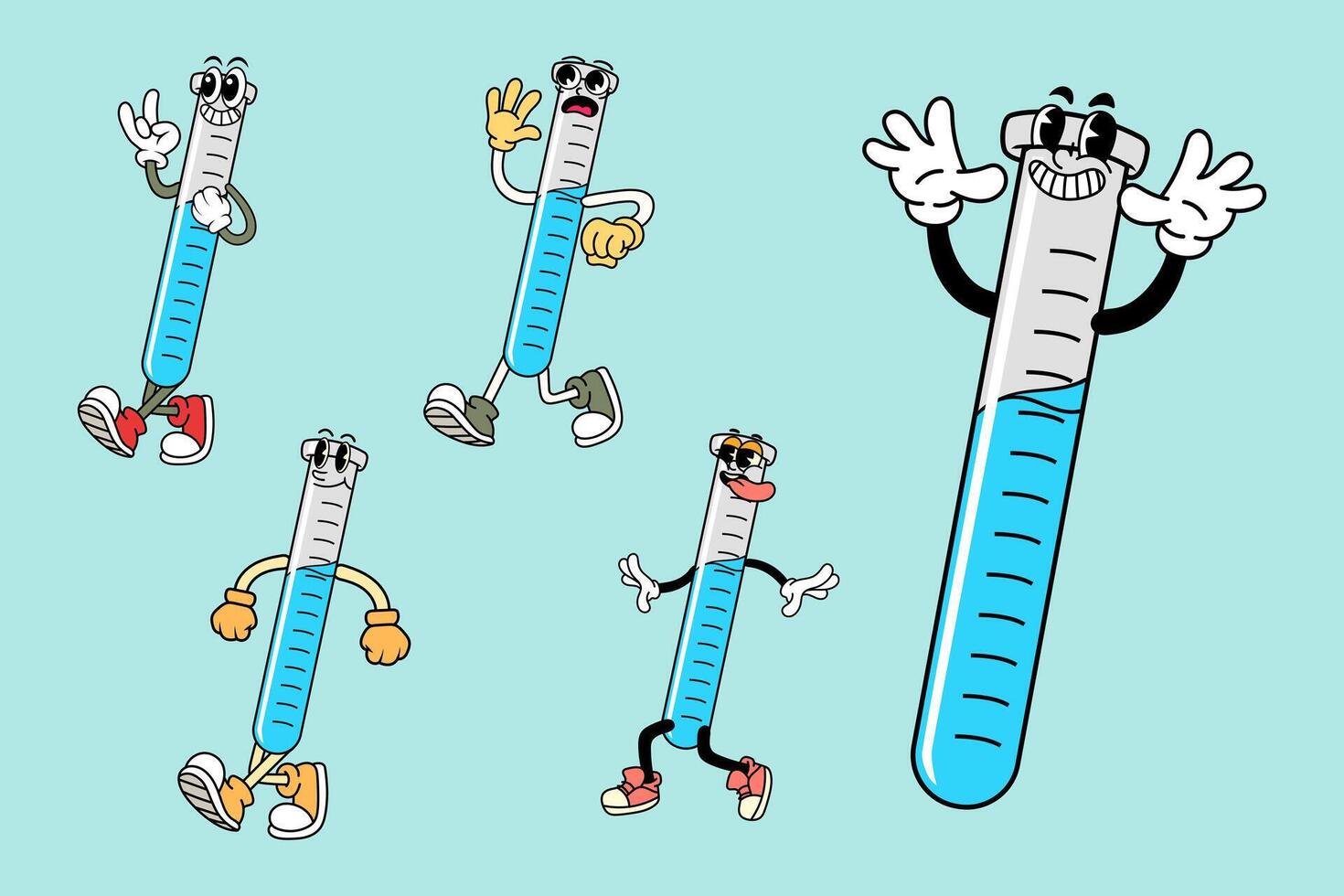 Set of Happy Test Tube Science in Various Poses Character Cartoon Illustration Retro style vector