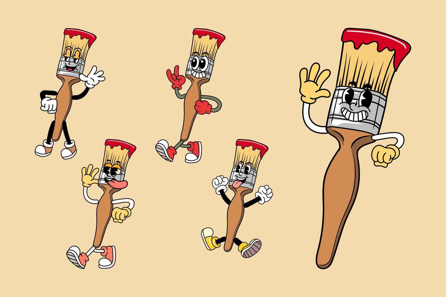 Set of Happy paintbrush in Various Poses Character Cartoon Illustration Retro style vector