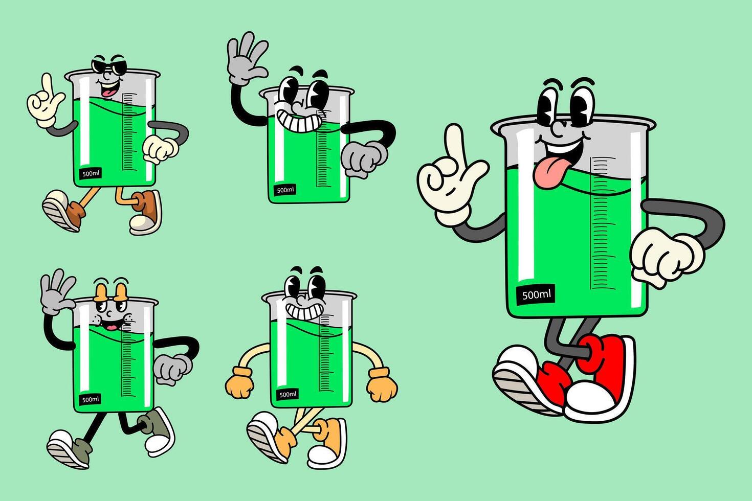 Set of Happy beaker glass Science in Various Poses Character Cartoon Illustration Retro style vector