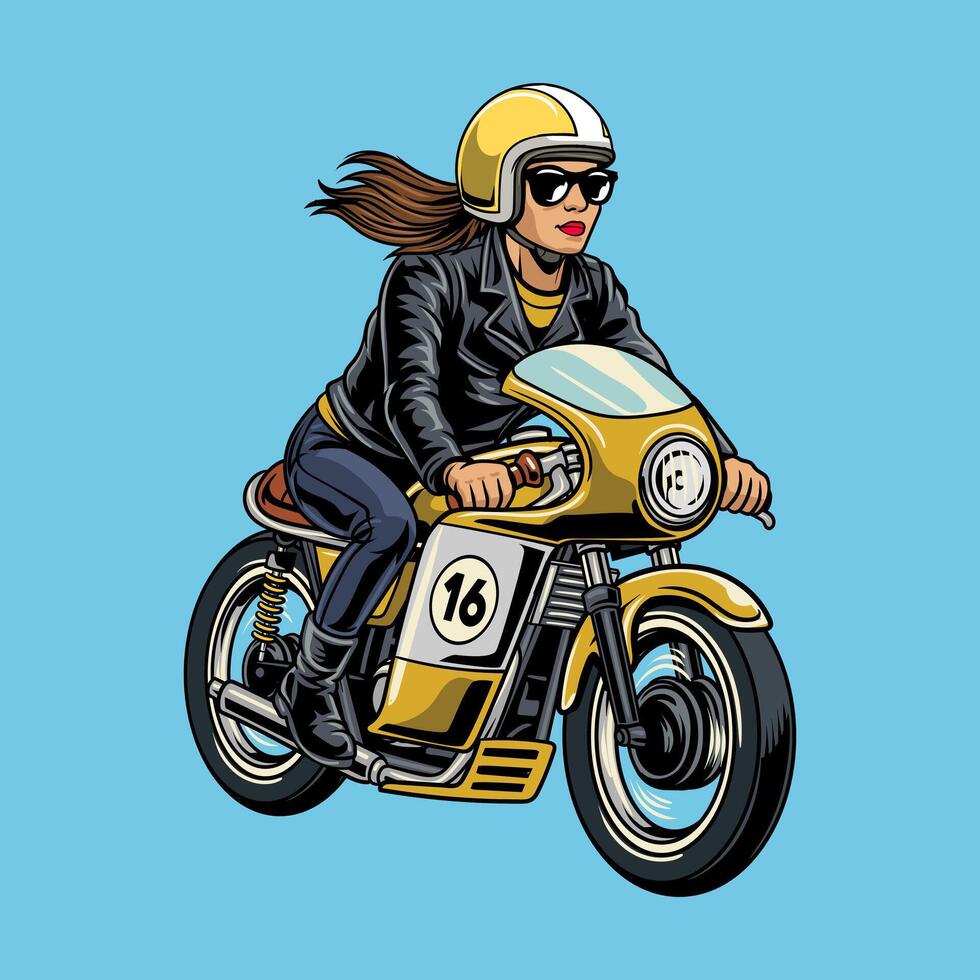 A Beautiful woman wearing open face crash helmet and sunglasses riding a yellow retro cafe racer motorcycle, isolated cartoon illustration on a blue background vector