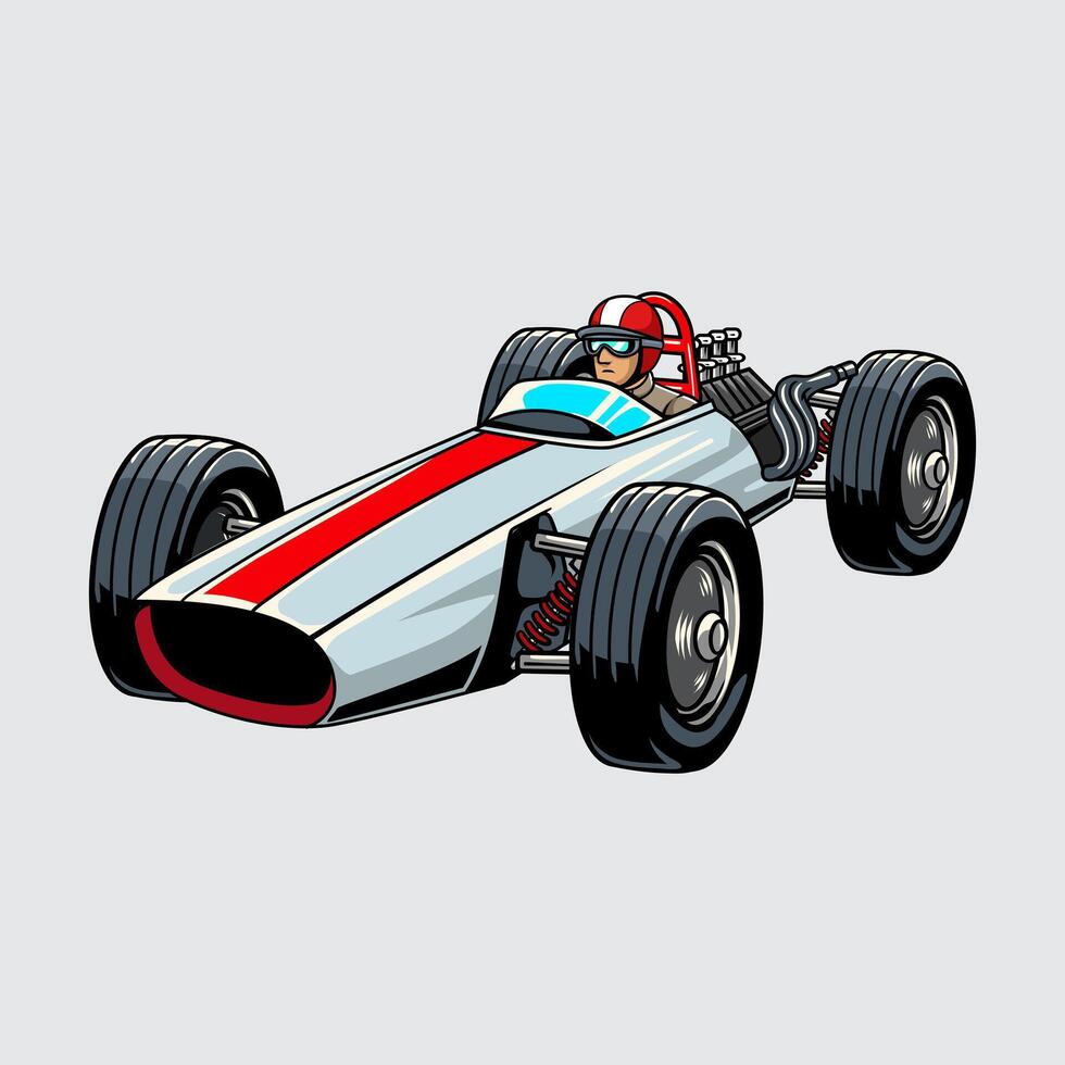 Retro race car with bold red stripe, large tires, and detailed driver in helmet cartoon illustration isolated on a light background vector