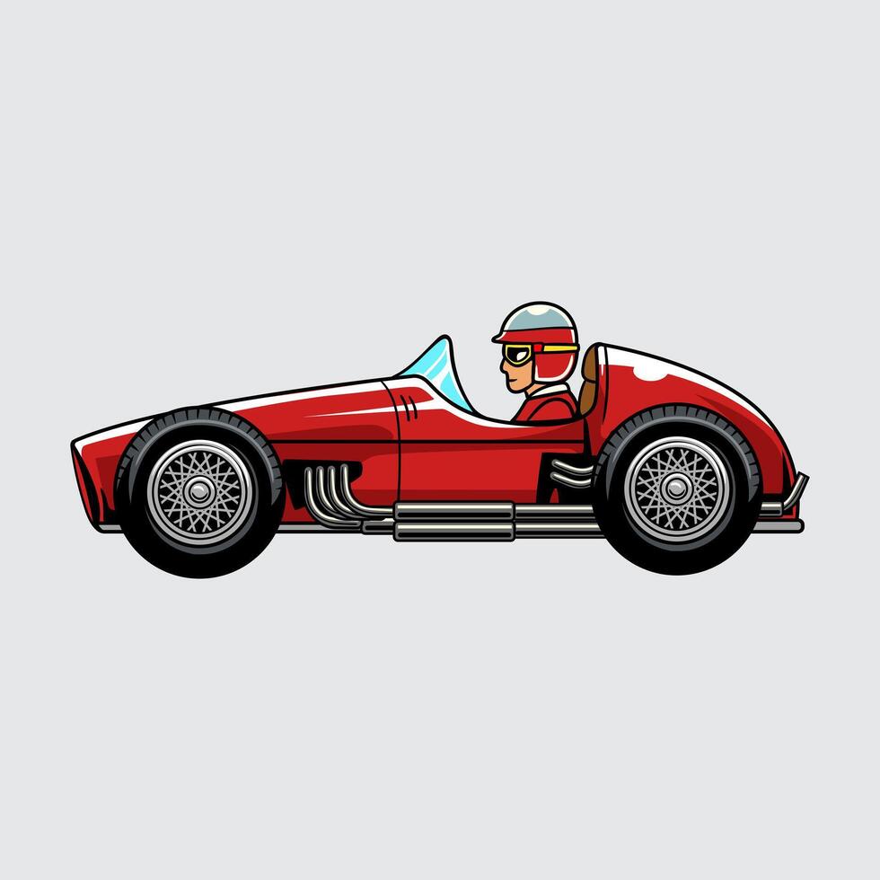 Classic race car with red color, large tires, and detailed driver in helmet from side view cartoon illustration isolated on a light background vector