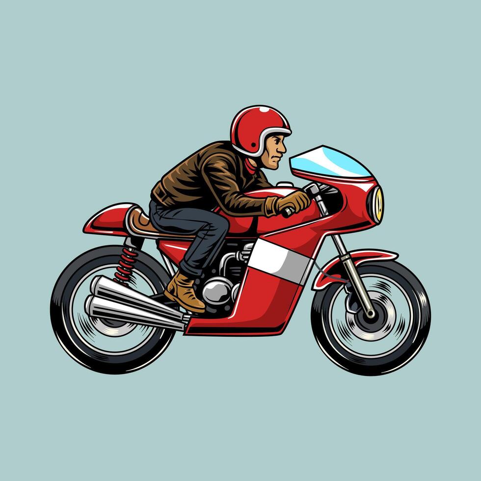 A Bearded Man wearing open face crash helmet riding a red retro cafe racer motorcycle from side view, isolated cartoon illustration on a light background vector