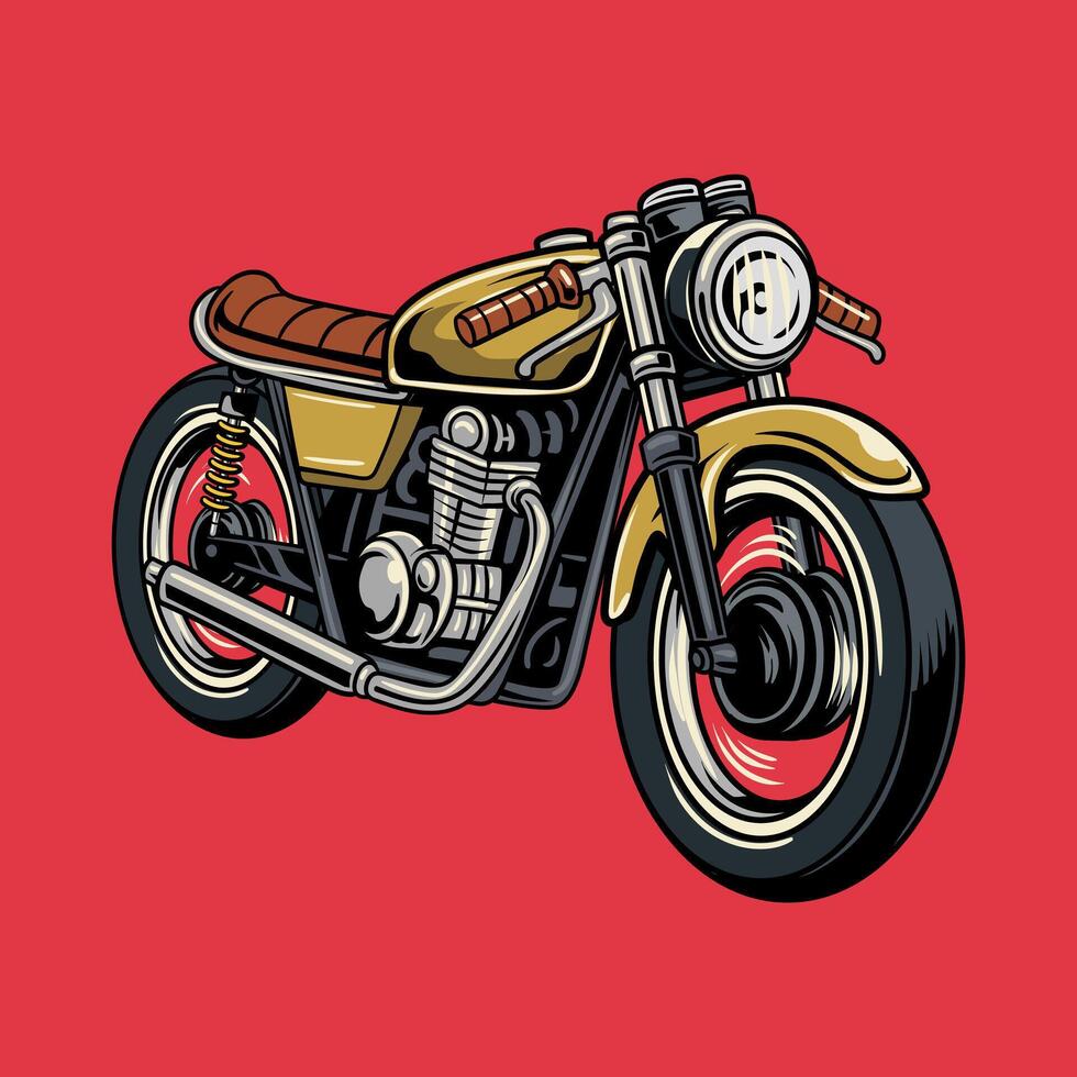 A yellow retro cafe racer motorcycle with a number 16 sticker isolated cartoon illustration on a red background vector