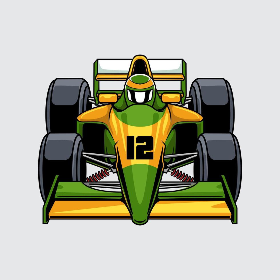 Hyperspeed race car with bold green and yellow accents, large tires, and number 12 with driver wearing helmet front view cartoon illustration isolated on a light background vector
