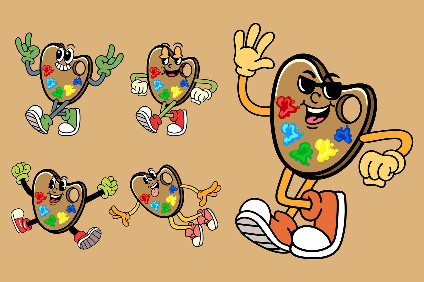 Set of Happy watercollor palette in Various Poses Character Cartoon Illustration Retro style vector