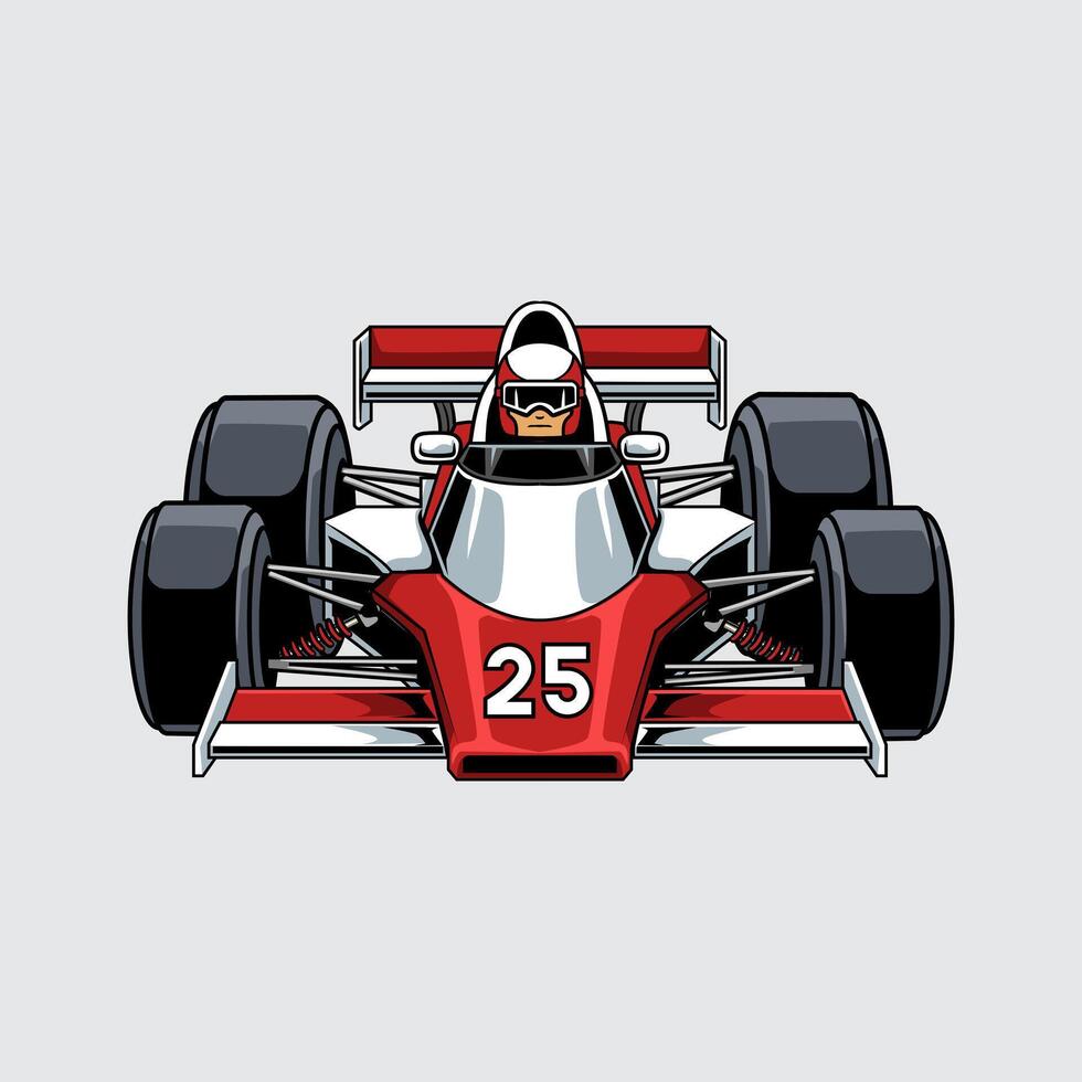 Hyperspeed race car with bold red accents, large tires, and number 25 with driver wearing helmet front view cartoon illustration isolated on a light background vector