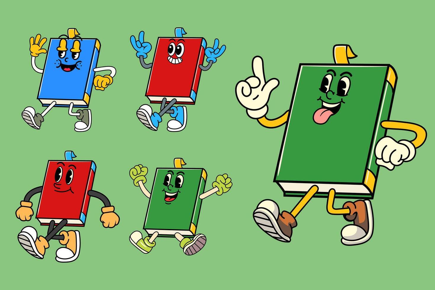 Set of Happy book in Various Poses Character Cartoon Illustration Retro style vector