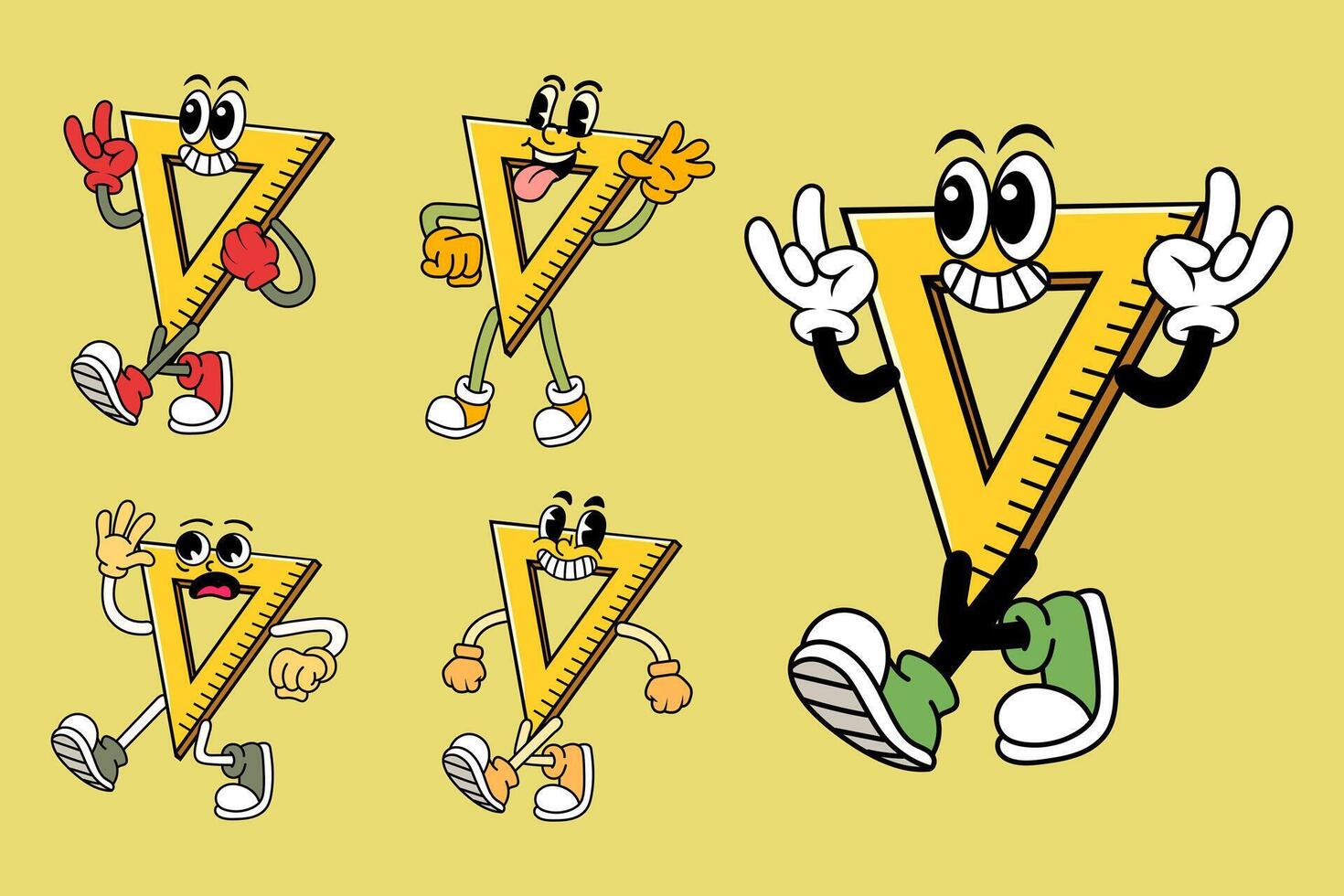 Set of Happy triangle ruler in Various Poses Character Cartoon Illustration Retro style vector