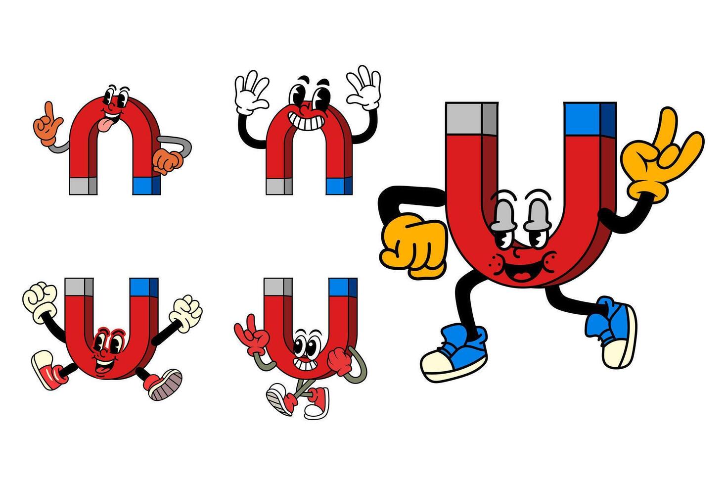 Set of Happy magnet Science in Various Poses Character Cartoon Illustration Retro style vector
