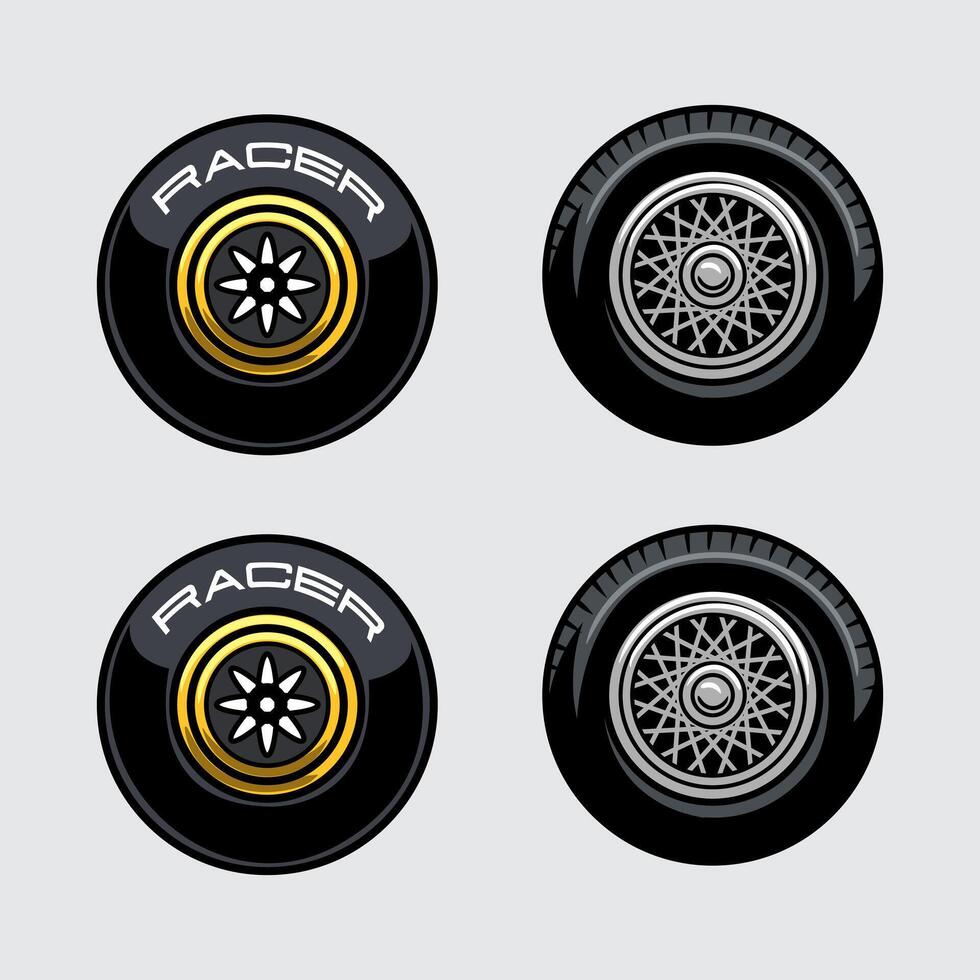 Set of four detailed racing car wheel icons with stylish rims, metallic textures, and bold RACER labels. Ideal for automotive, racing, or game design vector