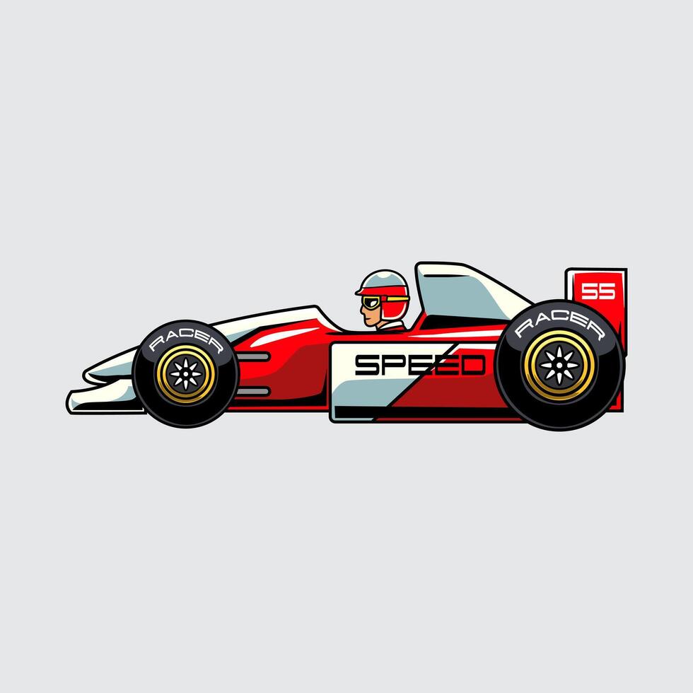 Hyperspeed race car with red and white color, large tires, and detailed driver in helmet from side view cartoon illustration isolated on a light background vector