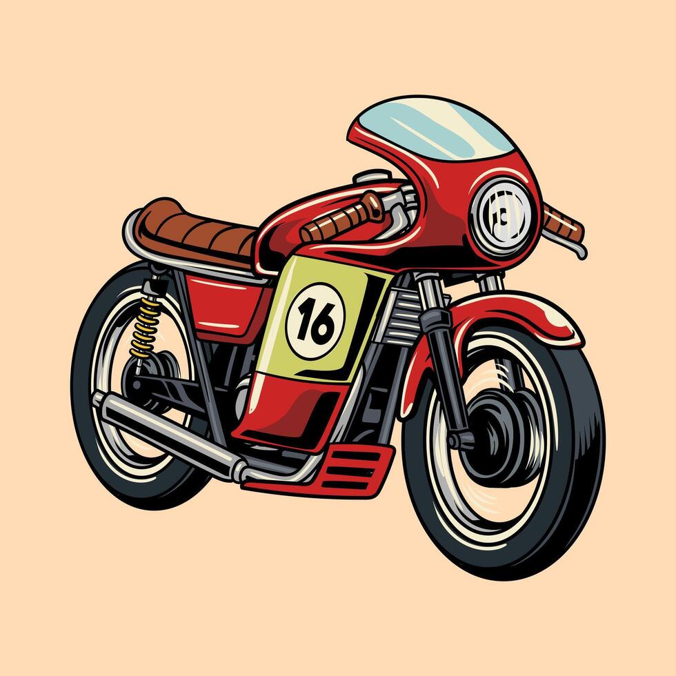 A red retro cafe racer motorcycle with number 16 sticker isolated cartoon illustration on a light background vector