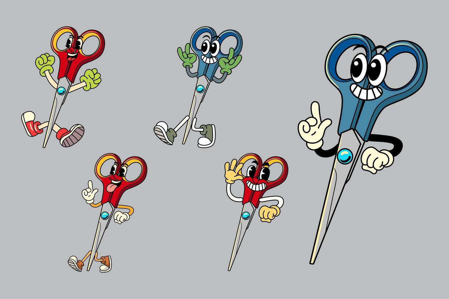 Set of Happy scissors in Various Poses Character Cartoon Illustration Retro style vector